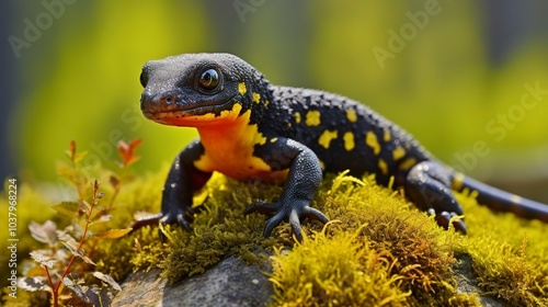 closeup of a fire salamander on the rock covered in mosses in a field 