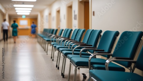 A sharp close-up of a row of hospital waiting room chairs, with a blurred scene of busy doctors and nurses rushing in the background, Generative AI