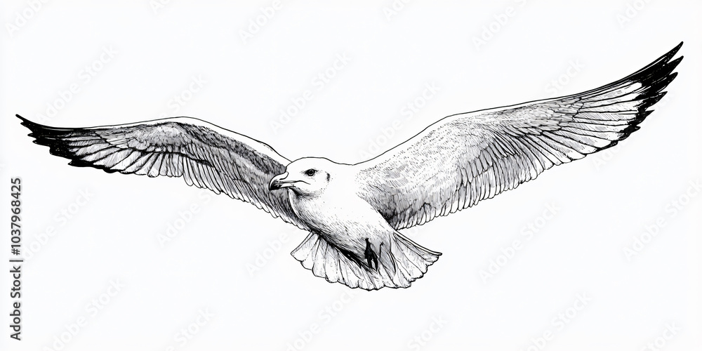 Fototapeta premium A black and white drawing of a seagull in mid-flight,