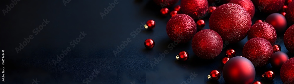Red Christmas Ornaments on a Dark Blue Background Red Christmas Ornaments on a Dark Blue Background