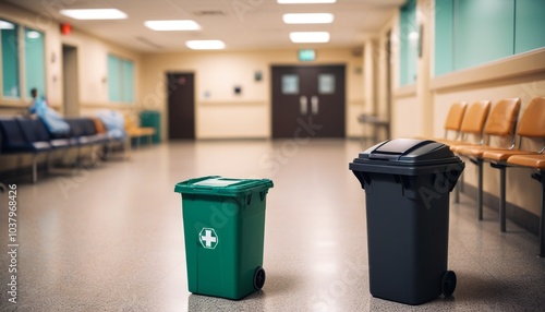 A focused image of a hospital trash can in the corner of the waiting area, with the blurred chaos of an emergency room rush happening in the background, Generative AI