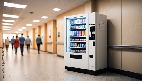 A sharp image of a hospital vending machine, fully stocked, with a blurry crowd of visitors and patients walking down the emergency room corridor, Generative AI