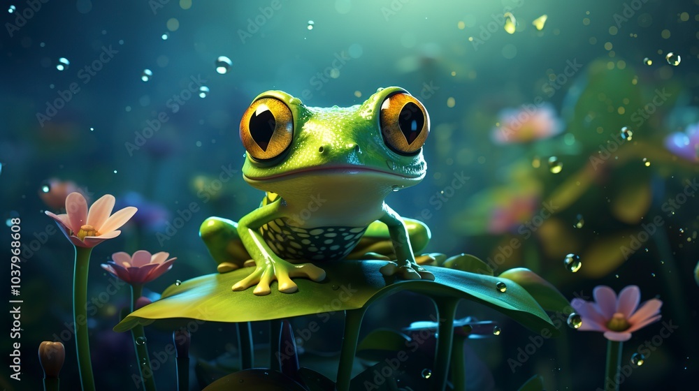 Green amphibian with bulging eyes perches on lily pad, water droplets glistening on vibrant skin Green amphibian with bulging eyes perches on lily pad, water droplets glistening on vibrant skin