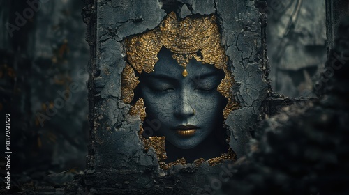 Golden Face Emerging From Cracked Stone