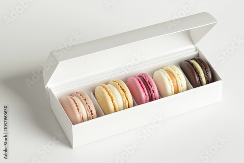 a sleek white box with different colored french maccarons photo