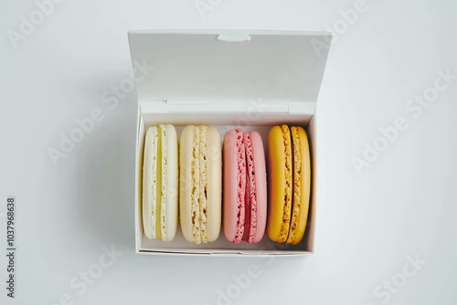 a sleek white box with different colored french maccarons photo