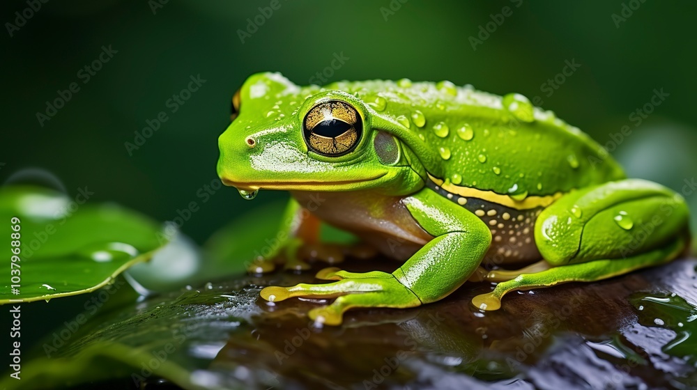 vibrant green frog perched on dewy leaf after rainfall amphibian wildlife portrait photograph vibrant green frog perched on dewy leaf after rainfall amphibian wildlife portrait photograph