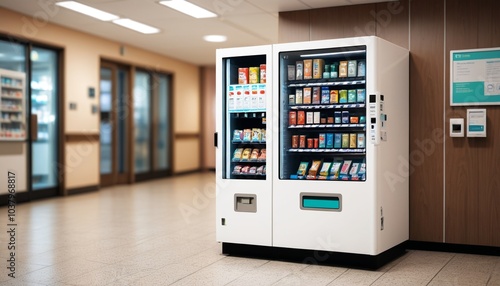 A focused image of a hospital vending machine fully stocked, standing next to a blurred entrance to the emergency room where patients and staff are in motion, Generative AI