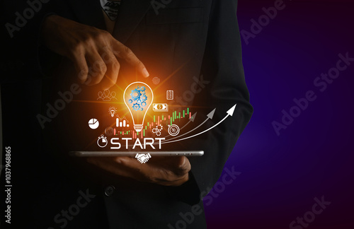 Startup concept with icon business and network connection on mod