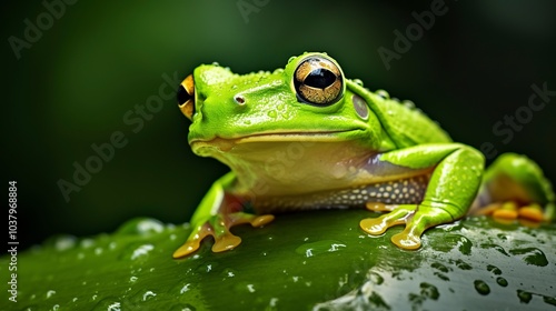 vibrant green frog perched on dewy leaf after rainfall amphibian wildlife portrait photograph 