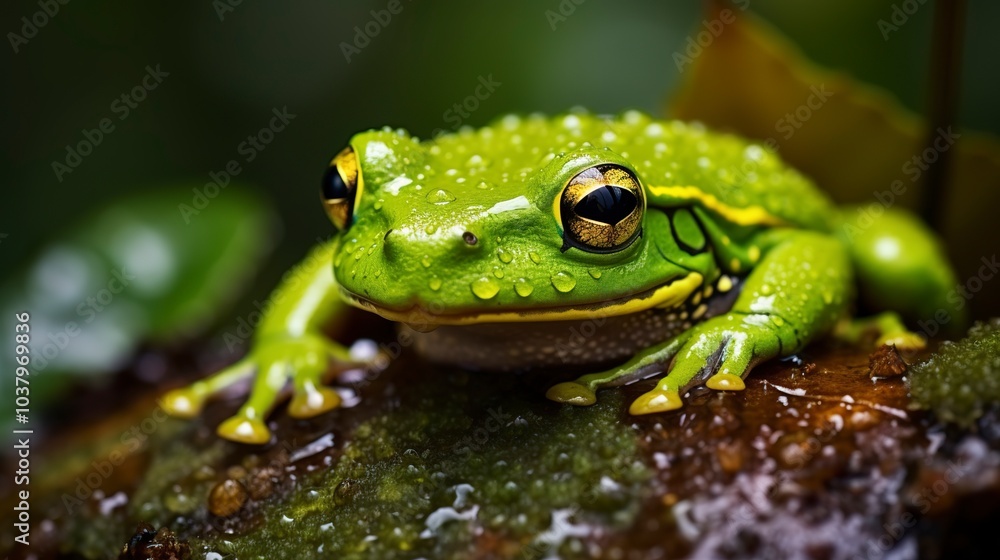Naklejka premium Dewkissed amphibian vibrant green frog rests on wet leaf closeup nature photography 