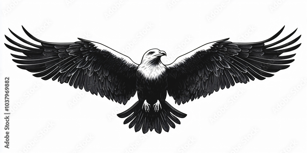 Fototapeta premium A black and white illustration of an eagle with its wings spread wide,