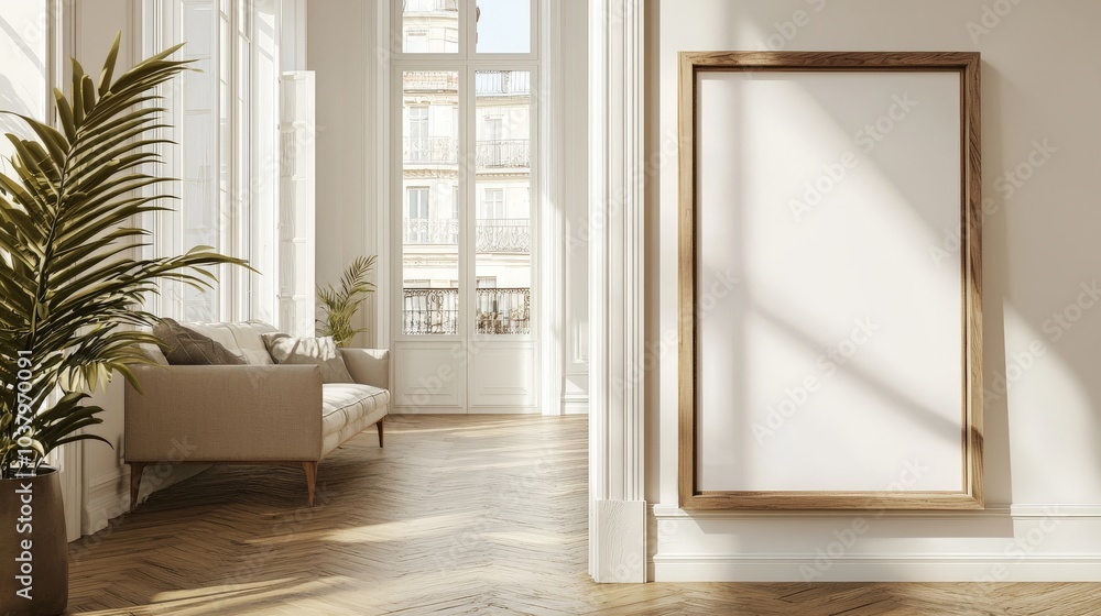 Fototapeta premium a frame mock-up with a wooden frame in a contemporary appartement