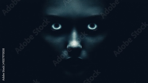Mysterious Woman s Face with Glowing Eyes in the Dark
