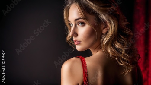 Woman in red lingerie her back view radiant with light as if she s