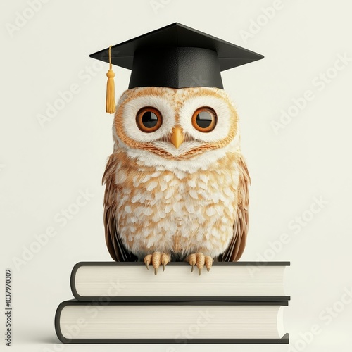 A clever owl wearing a graduation cap sits on books, symbolizing wisdom and education in a playful and charming manner. photo