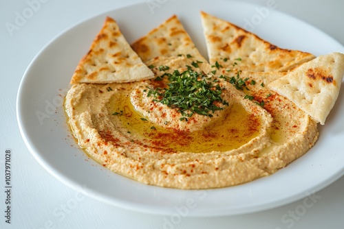 hummus and pita bread triangles on a white plate on a white dinner table