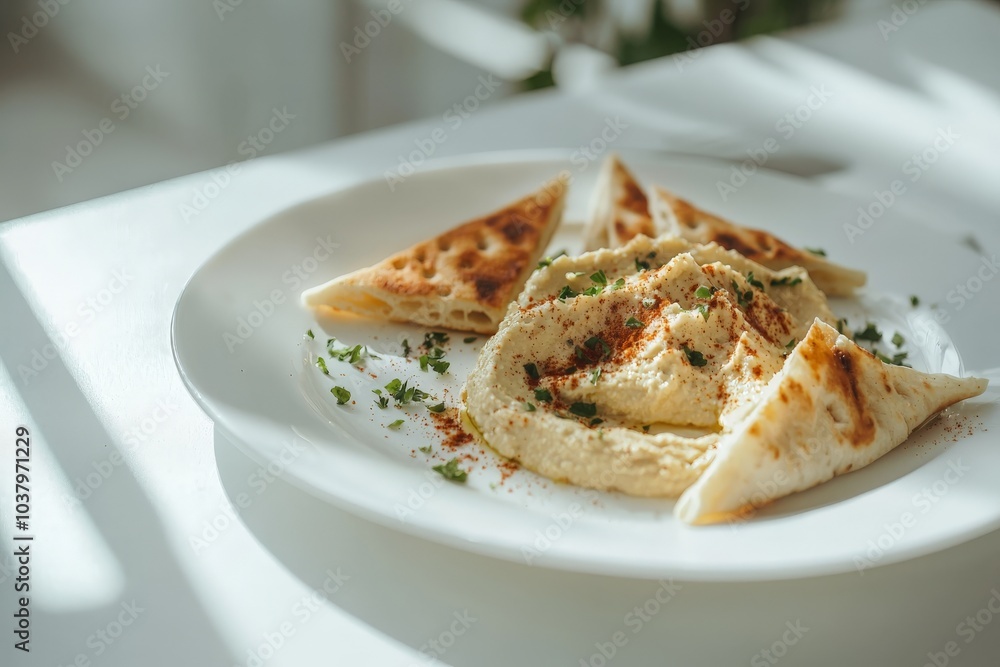 hummus and pita bread triangles on a white plate on a white dinner table hummus and pita bread triangles on a white plate on a white dinner table