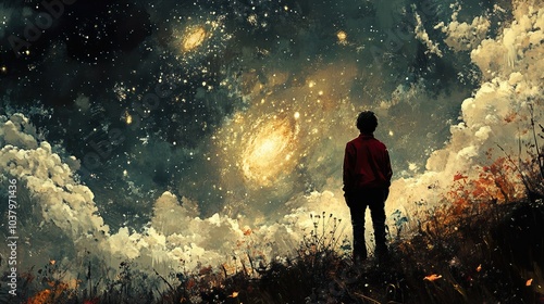 Man Gazing at the Starry Night, A Dreamy Artwork