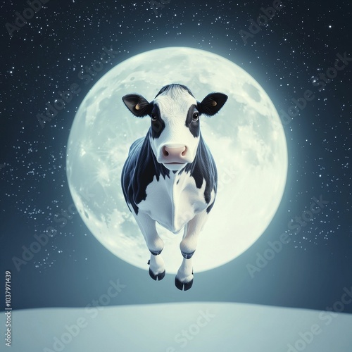 A whimsical cow leaps against a glowing full moon, creating a surreal and enchanting nighttime scene.