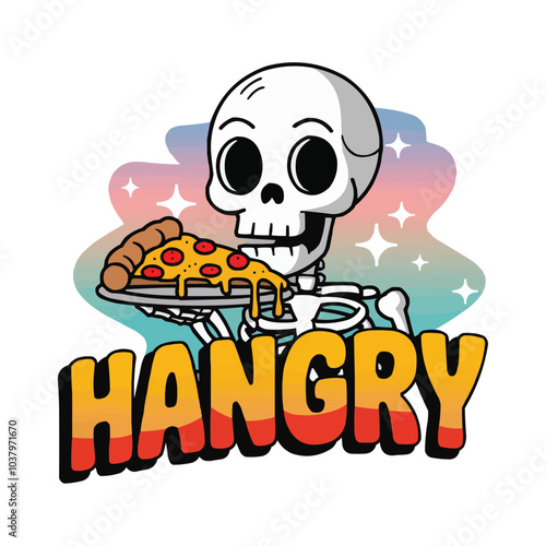 HANGRY playful skeleton enjoying a slice of pizza vector design