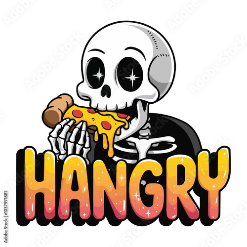 HANGRY playful skeleton enjoying a slice of pizza vector design