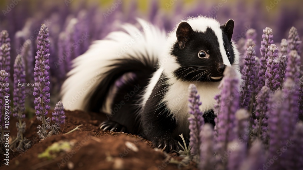 Obraz premium black and white skunk in nature with lavenders 