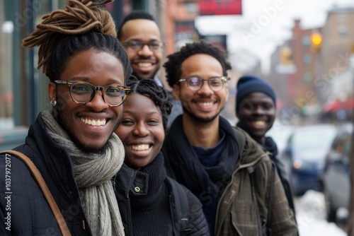 Portrait of group of diverse friends smiling at camera in the street