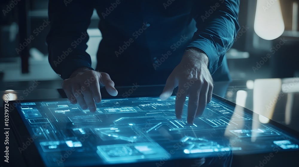 Man with futuristic digital tablet on a project. Man with futuristic digital tablet on a project.