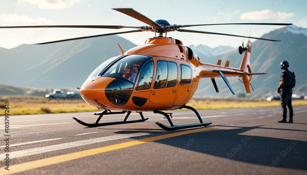 A clear image of a helicopter preparing for takeoff, prominently in focus in the foreground, while the blurred background shows personnel coordinating ground support, Generative AI A clear image of a helicopter preparing for takeoff, prominently in focus in the foreground, while the blurred background shows personnel coordinating ground support, Generative AI