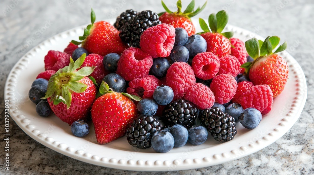 Close-up of a mix of fresh berries, including strawberries, blueberries, and raspberries, arranged on a white plate Close-up of a mix of fresh berries, including strawberries, blueberries, and raspberries, arranged on a white plate