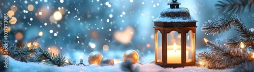 Lantern and Christmas Decorations in Snowy Winter Scene photo