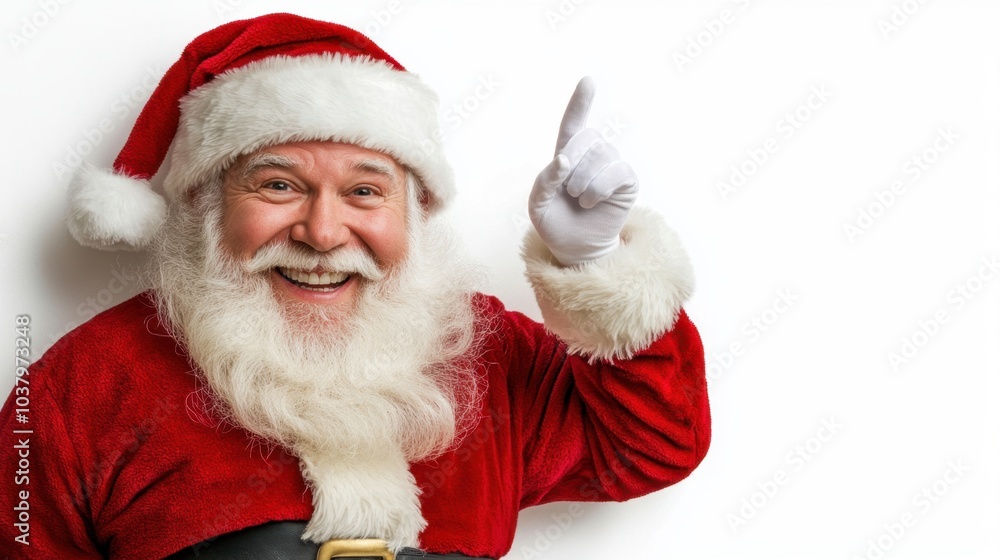 Santa Claus peeks out from a blank white wall, smiling and pointing at the space, ready for Christmas promotions or greetings. Santa Claus peeks out from a blank white wall, smiling and pointing at the space, ready for Christmas promotions or greetings.