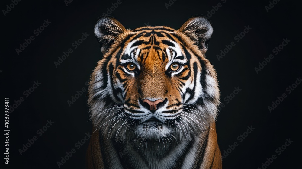 Fototapeta premium A close-up portrait of a tiger against a dark background, showcasing its striking features.