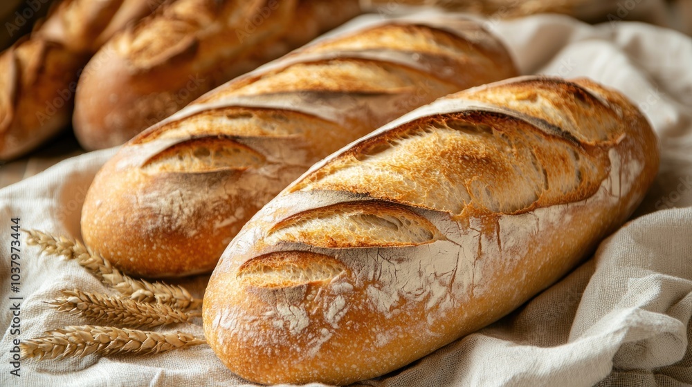 Rustic loaf of sourdough bread and baguettes resting on a linen cloth, with a few slices cut and ready to serve Rustic loaf of sourdough bread and baguettes resting on a linen cloth, with a few slices cut and ready to serve