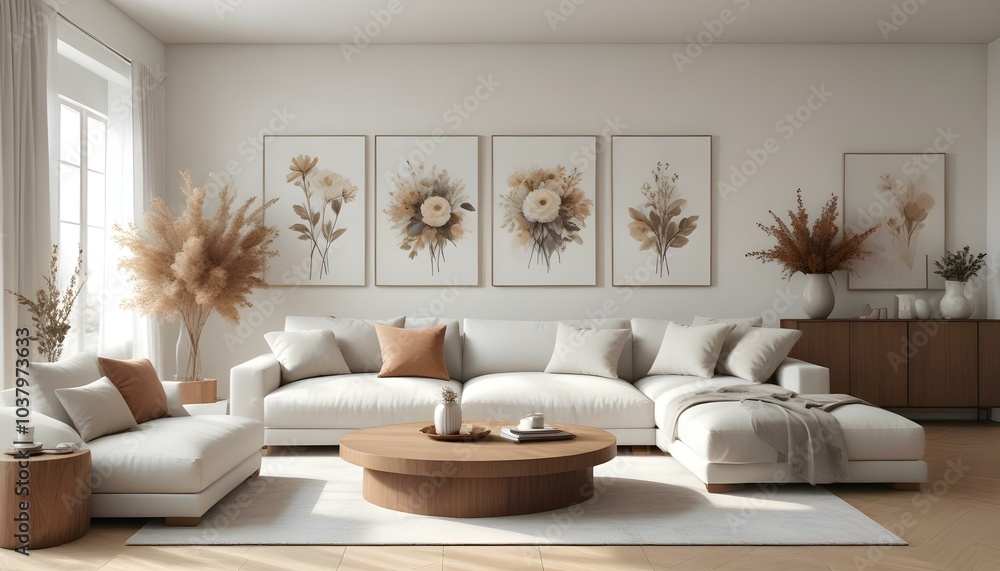 A minimalist living room with neutral-toned furniture, including a large sectional sofa , armchairs , and a wooden coffee table. A minimalist living room with neutral-toned furniture, including a large sectional sofa , armchairs , and a wooden coffee table.