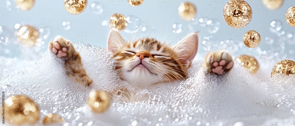 Obraz premium A playful cat is relaxing in a bath of bubbles, surrounded by floating golden spheres, creating a whimsical and cheerful atmosphere.