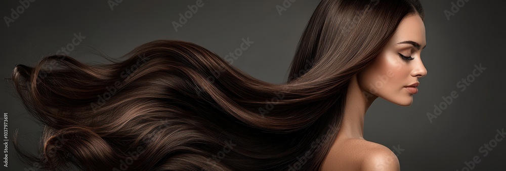 A woman with long, flowing brown hair is posing for the camera against a dark gray background. The focus of her face and body should be on showcasing her healthy A woman with long, flowing brown hair is posing for the camera against a dark gray background. The focus of her face and body should be on showcasing her healthy