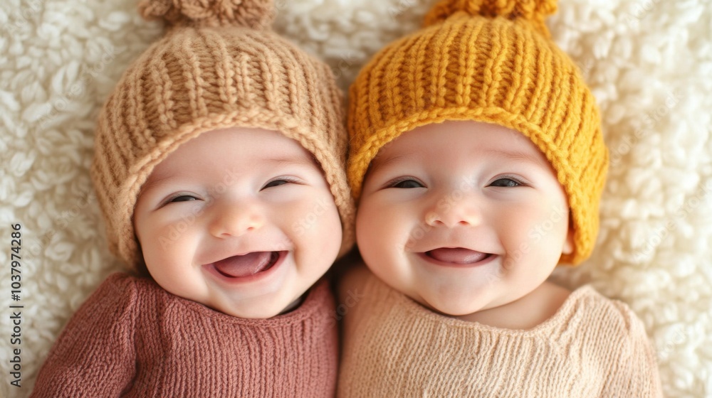 Two smiling twin babies with knit hats cuddling together, soft-focused background for family-themed design, expressing warmth and love.