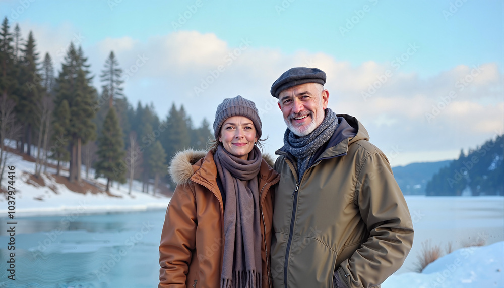 Senior couple walking together in winter attire by a frozen lake with forest backdrop Senior couple walking together in winter attire by a frozen lake with forest backdrop