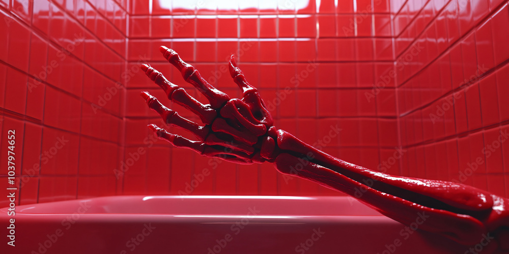 Skeleton hand. A red skeletal hand reaching out from a red bathtub, the hand is almost touching the red tiles Skeleton hand. A red skeletal hand reaching out from a red bathtub, the hand is almost touching the red tiles