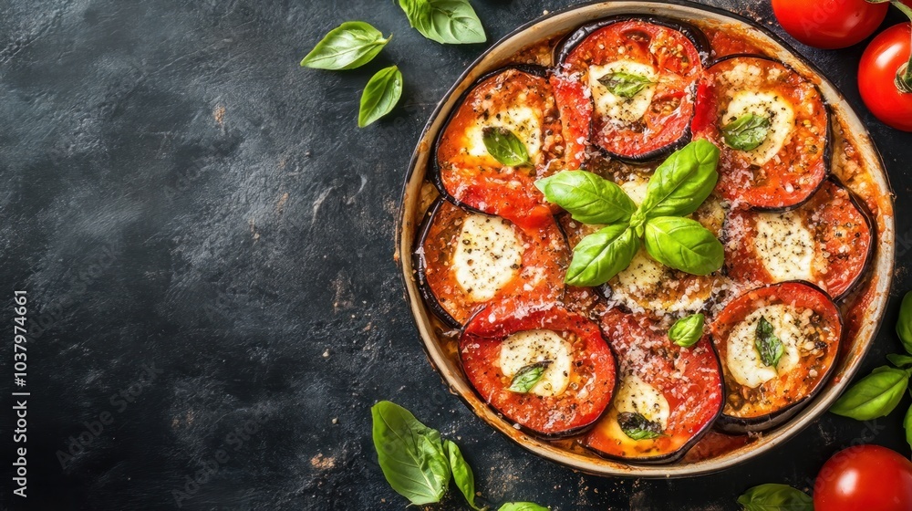 baked eggplant topped with parmesan, basil, mozzarella, and tomatoes. Parmigiana di Melanzane, a Sicilian dish of Italian cuisine baked eggplant topped with parmesan, basil, mozzarella, and tomatoes. Parmigiana di Melanzane, a Sicilian dish of Italian cuisine