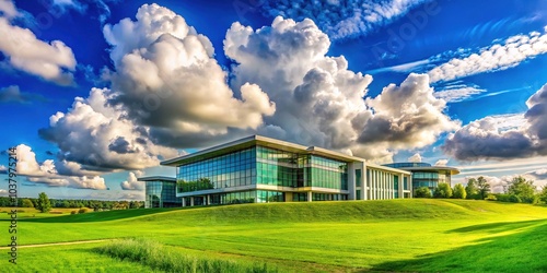 Architectural lines contrast with the soft landscape of a spring meadow and clouds.