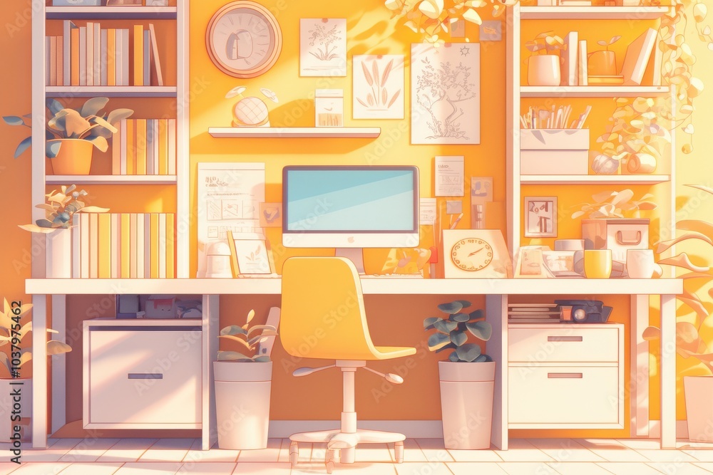 Sunny Home Office with Books, Plants, and Modern Decor Elements Sunny Home Office with Books, Plants, and Modern Decor Elements