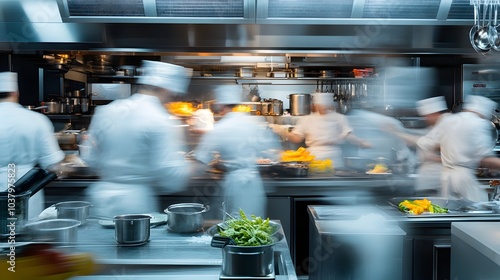 Blurred motion in a bustling commercial kitchen with chefs preparing delectable dishes