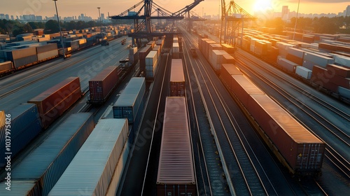 Bustling Rail Freight Terminal at SunriseSunset in Urban Industrial Landscape