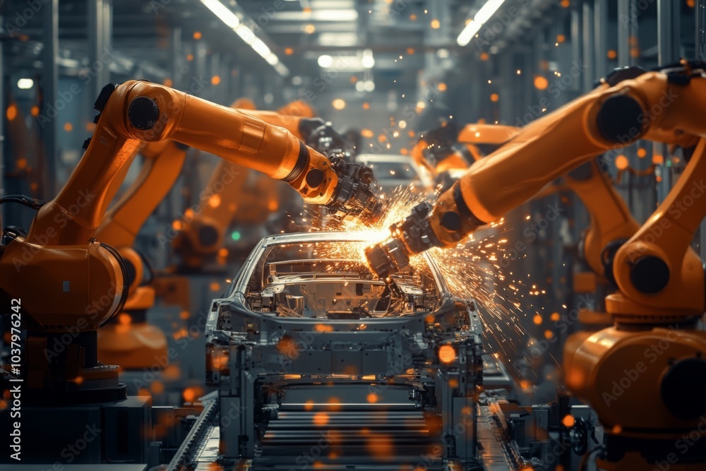 Industrial Robotic Arms Welding Car Parts in a Futuristic Factory Industrial Robotic Arms Welding Car Parts in a Futuristic Factory
