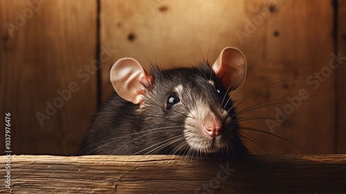 Black rat on wooden floor background 