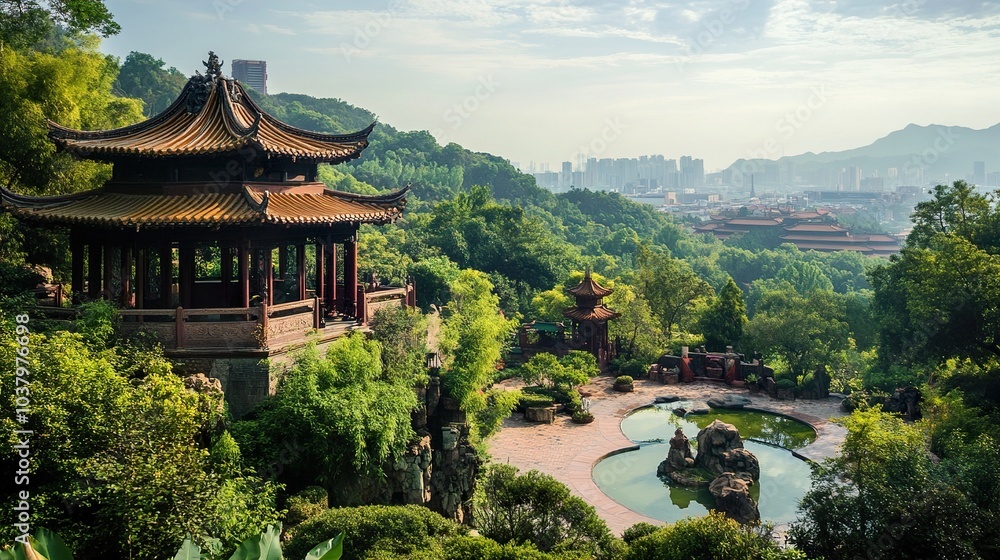 Serene Chinese Garden with Pagoda and Pond Serene Chinese Garden with Pagoda and Pond