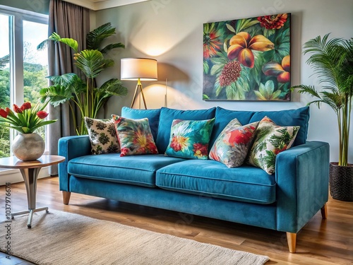 Blue haven, punctuated by exotic blooms, transforms into a fantastical living room.